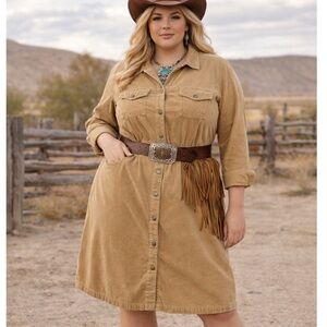 Vintage St. John’s Bay Tan Corduroy Coastal Cowgirl Country Midi Dress Size 16